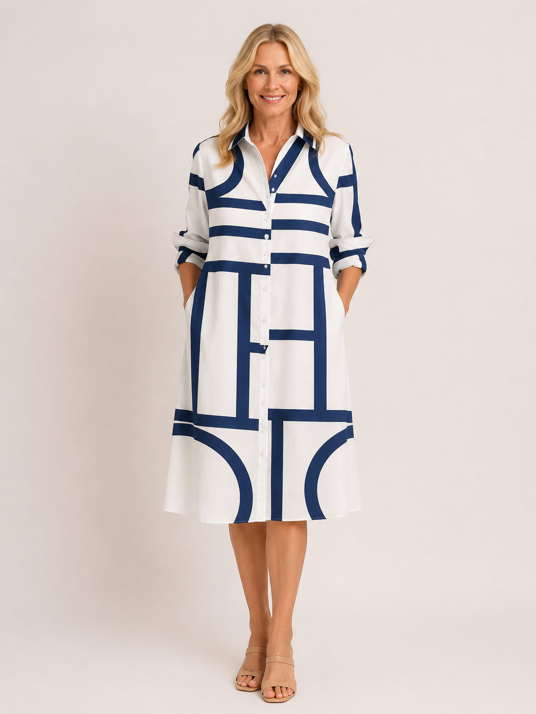Brooke - Women’s Geometric Print Midi Dress with Pockets-Mode Femme Robe-Lyrasue-Blue-S-Lyrasue