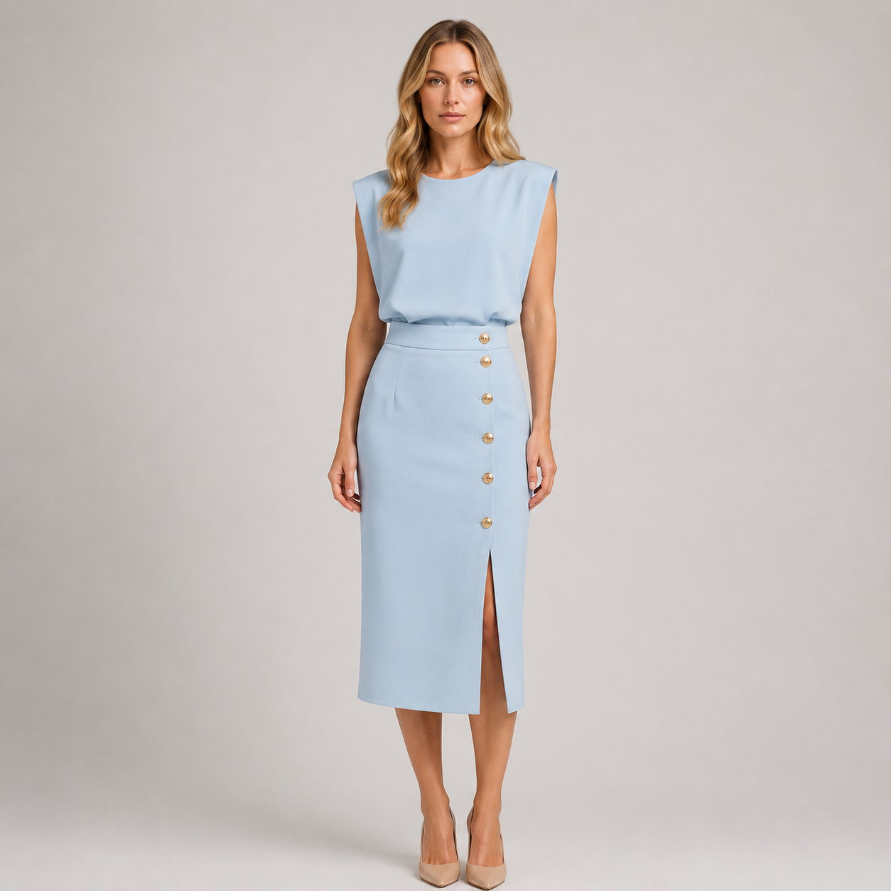 Reagan - Women’s Round Neck Midi Dress with Button Slit-Summer Push-Lyrasue-Light Blue-S-Lyrasue