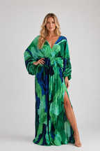 Bellamy - Women's Green Floral Pleated Maxi Dress-womens dress-Lyrasue-Green-S-Lyrasue