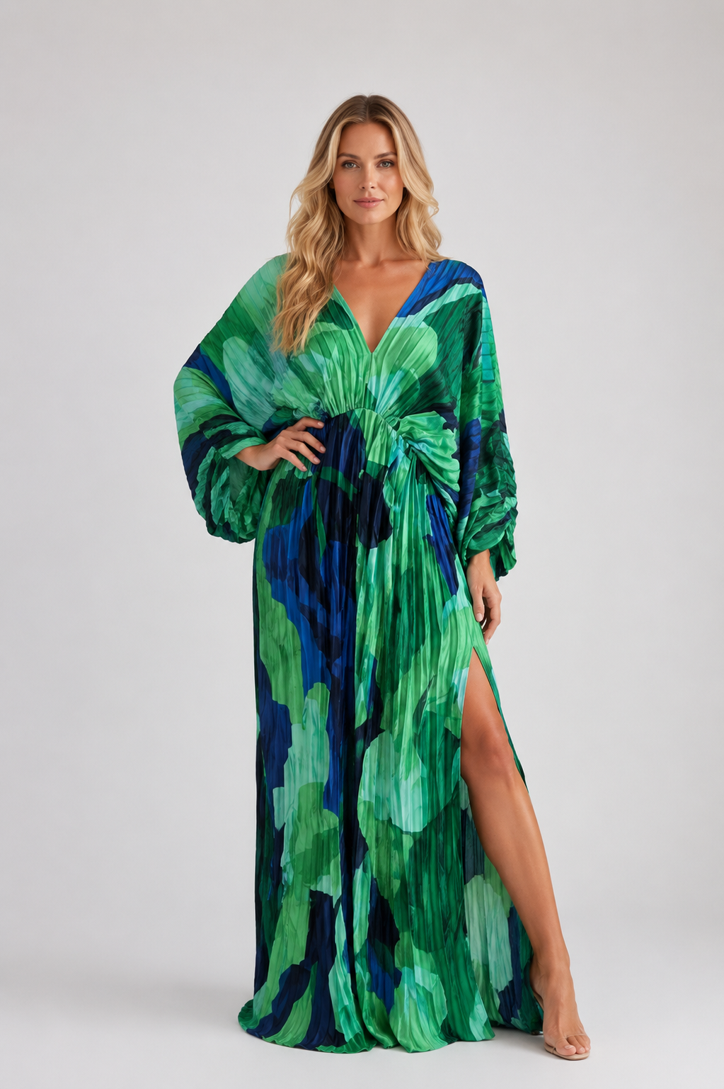 Bellamy - Women's Green Floral Pleated Maxi Dress-womens dress-Lyrasue-Green-S-Lyrasue