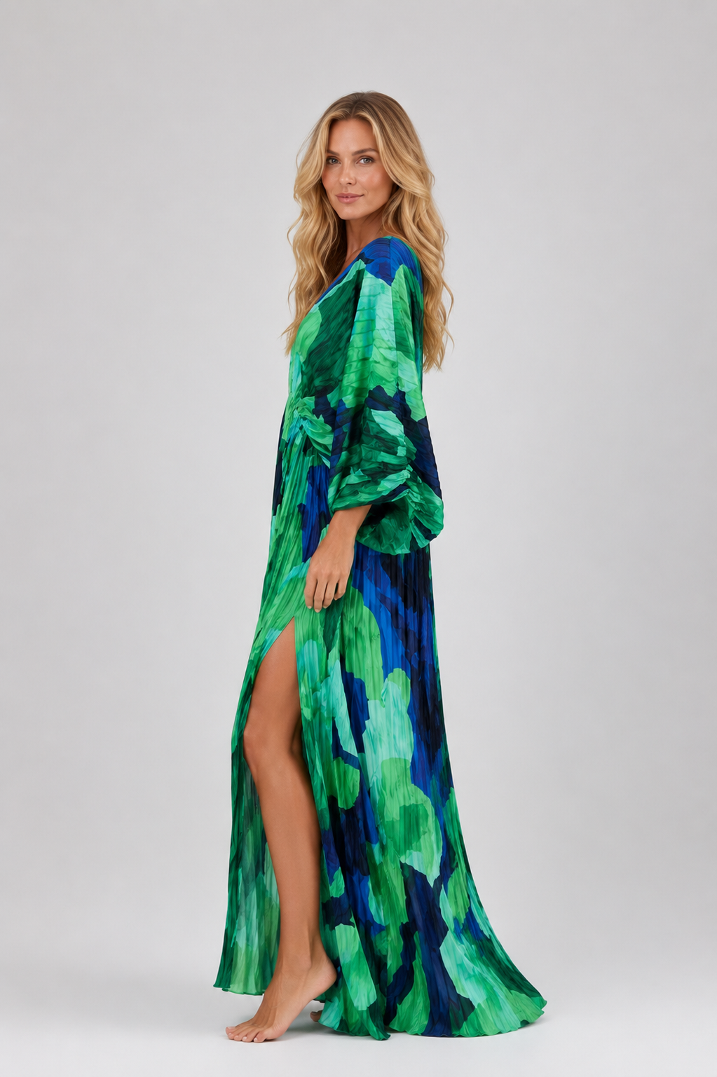 Bellamy - Women's Green Floral Pleated Maxi Dress-womens dress-Lyrasue-Green-S-Lyrasue