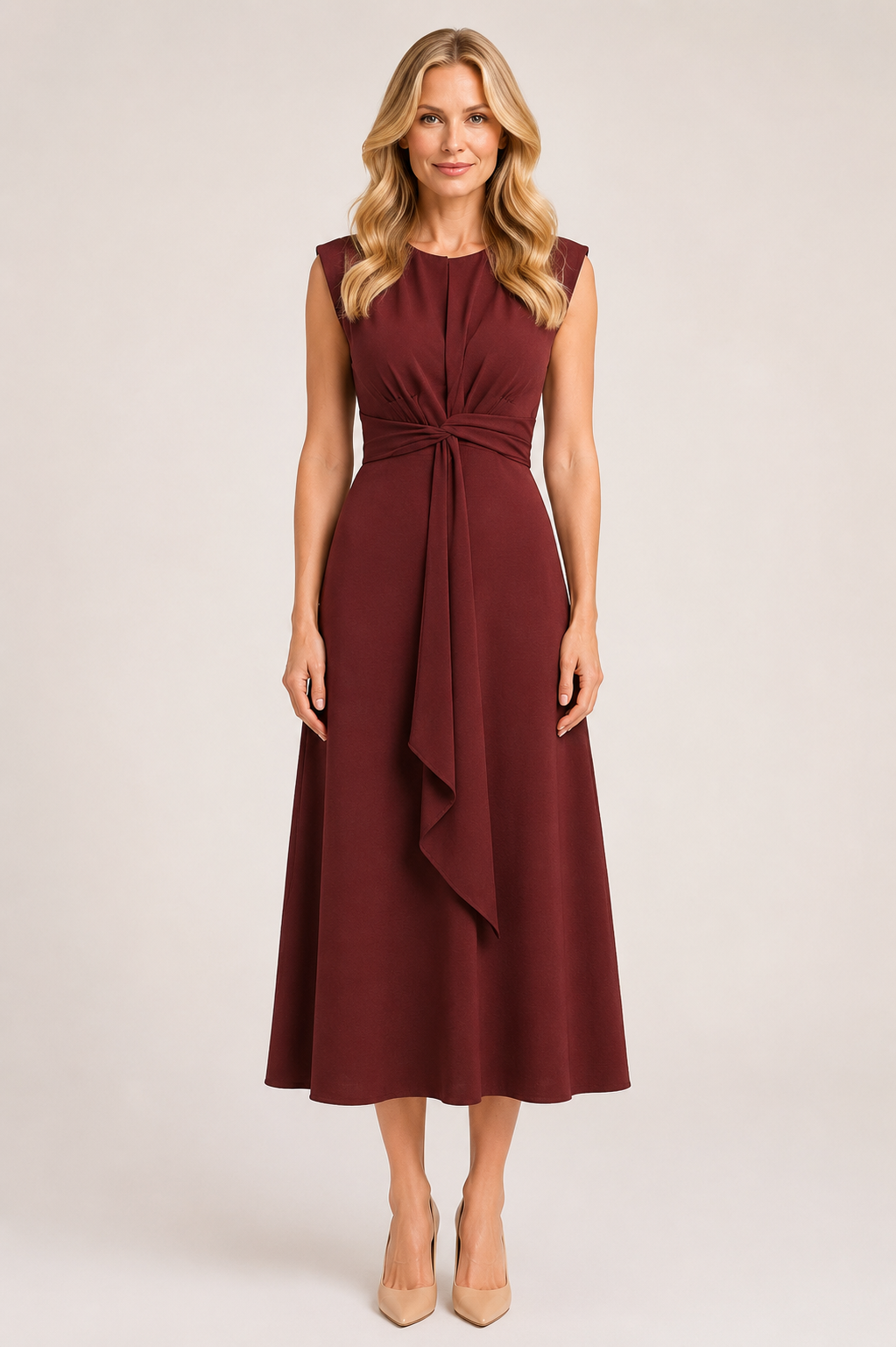 Bethany - Women’s Elegant Wedding Guest Midi Dress with Twist Waist-Summer Push-Lyrasue-Maroon-XS-Lyrasue