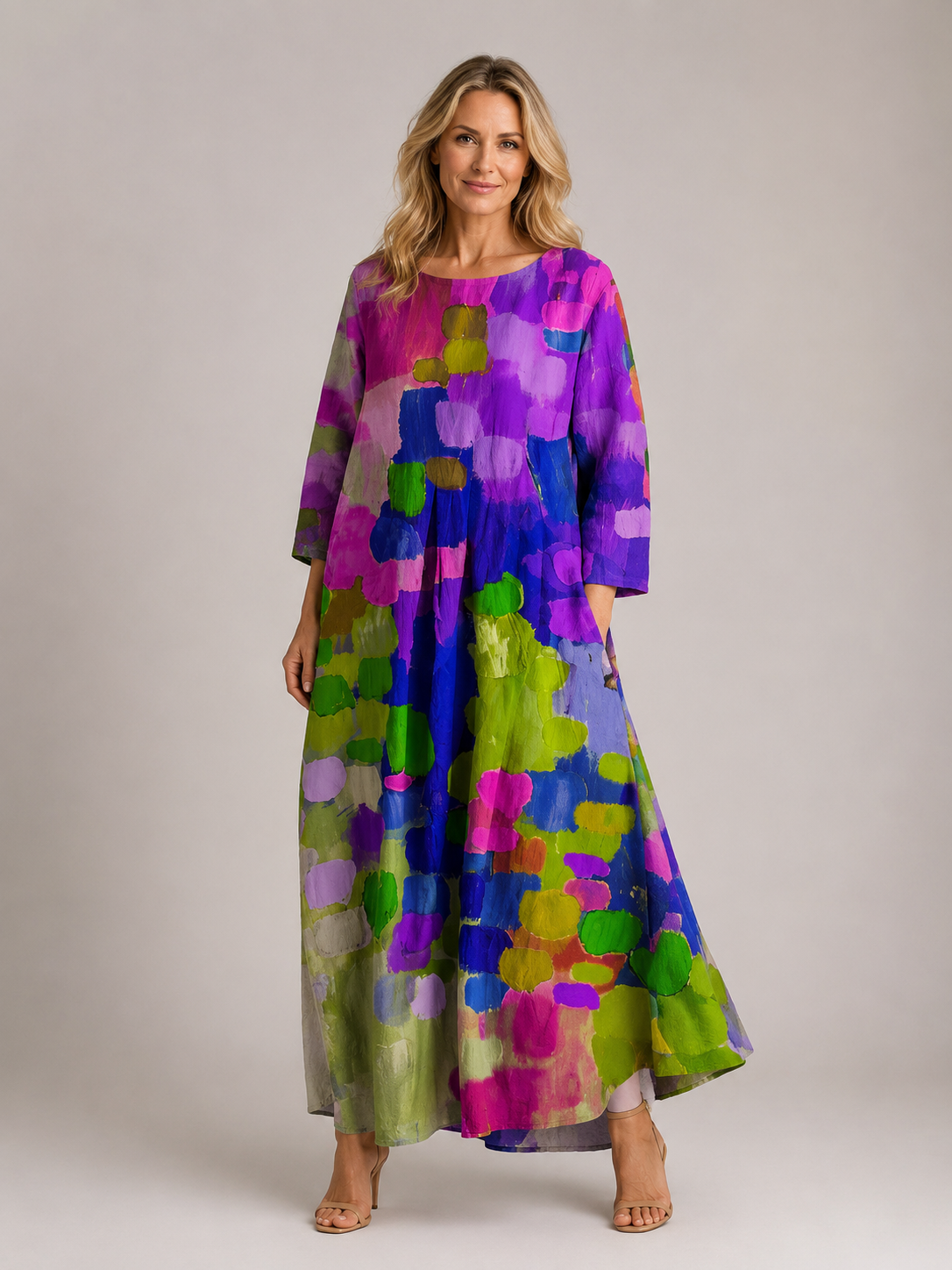 Blakley - Women's Leaf Summer Print Midi Dress-Women > Dresses-Lyrasue-XS-Purple-Lyrasue
