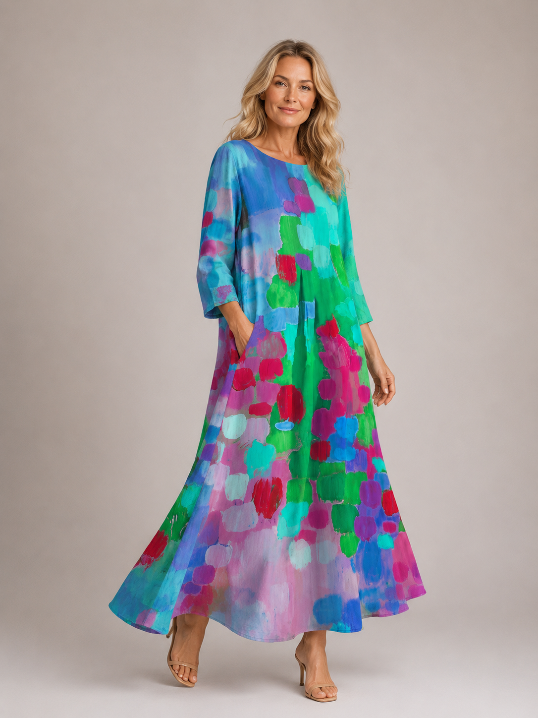 Blakley - Women's Leaf Summer Print Midi Dress-Women > Dresses-Lyrasue-XS-Blue-Lyrasue