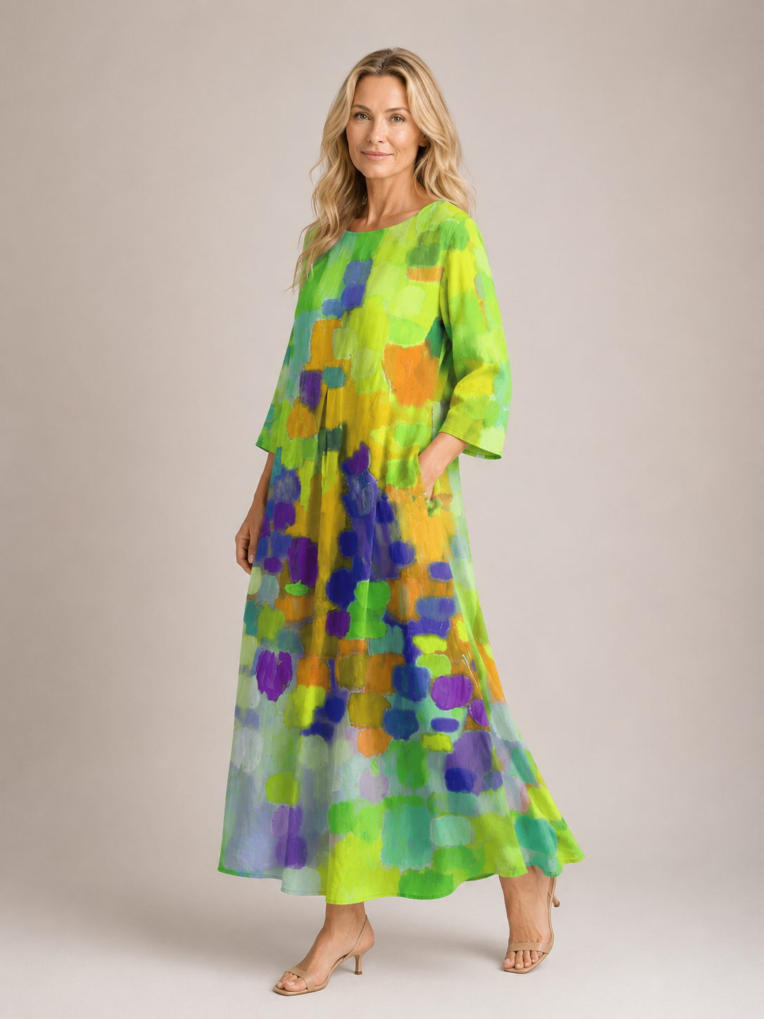 Blakley - Women's Leaf Summer Print Midi Dress-Women > Dresses-Lyrasue-XS-Yellow-Lyrasue
