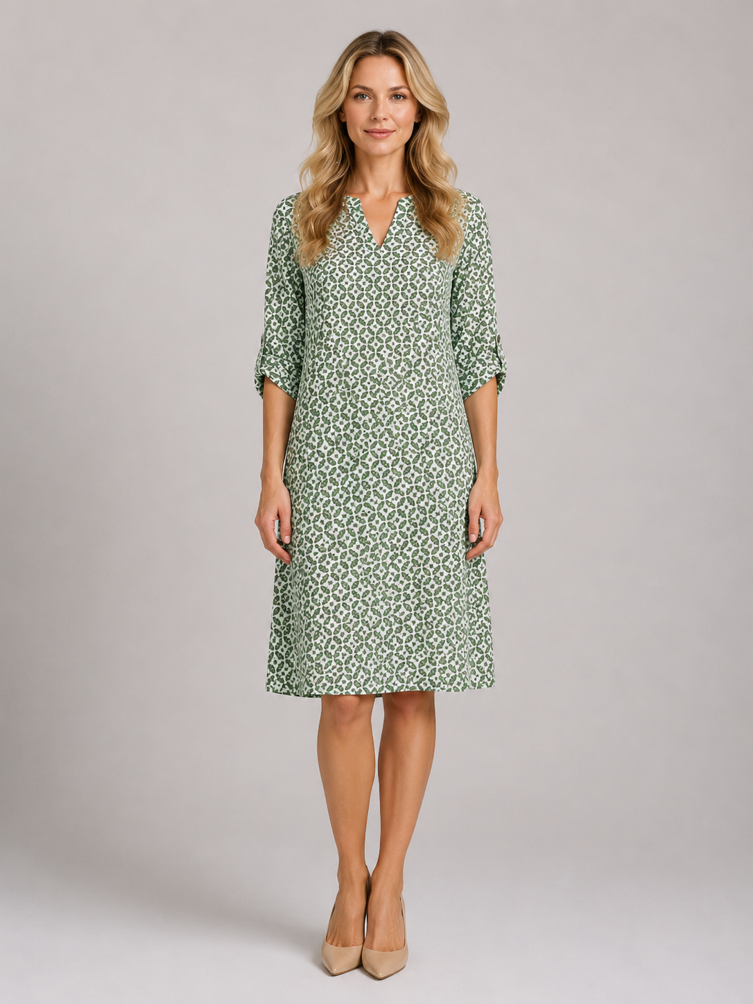 Brielle - Women’s Printed A-Line Dress with Split Neckline-Women Dress-Lyrasue-Green-S-Lyrasue