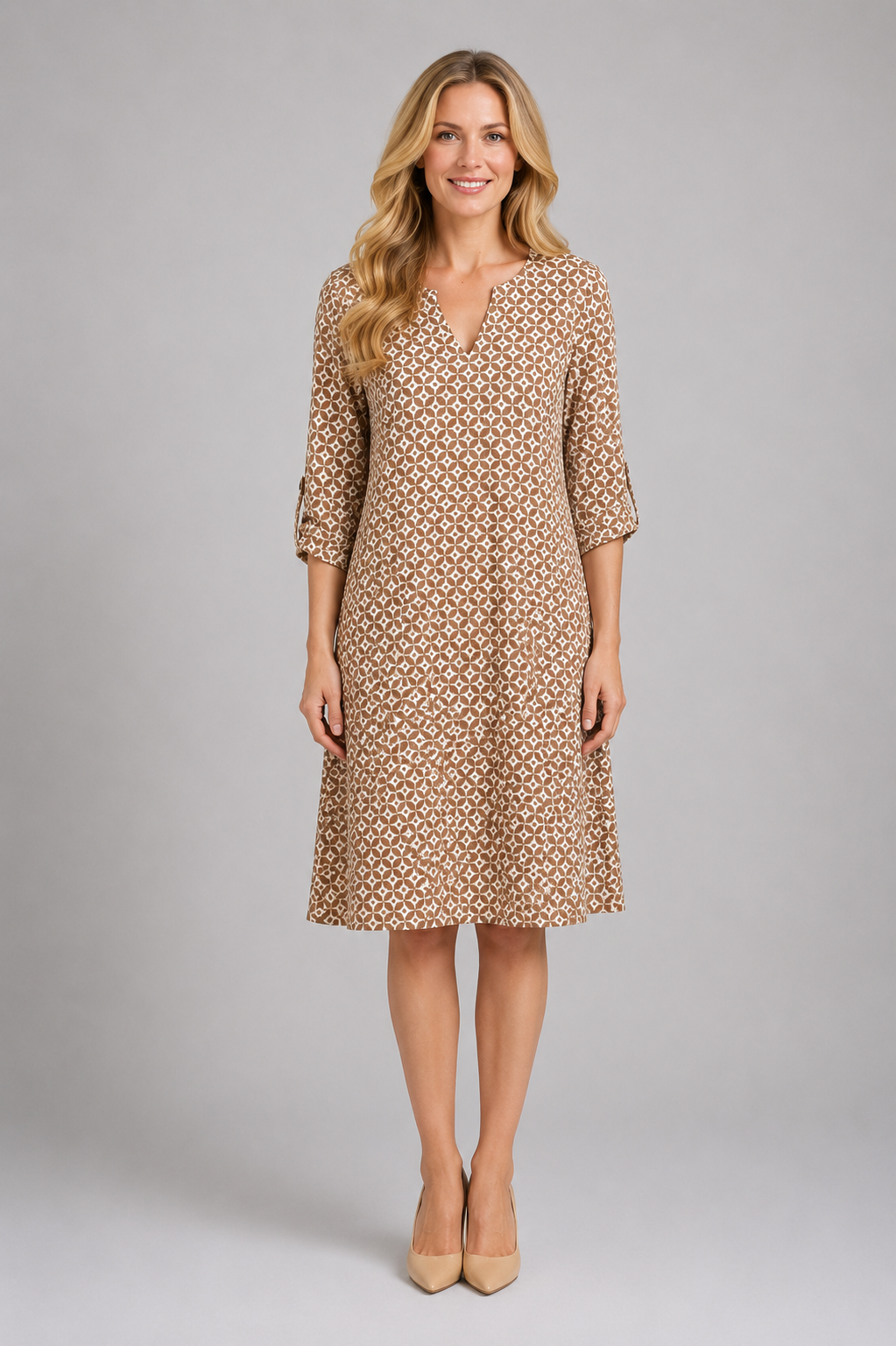Brielle - Women’s Printed A-Line Dress with Split Neckline-Women Dress-Lyrasue-Brown-S-Lyrasue
