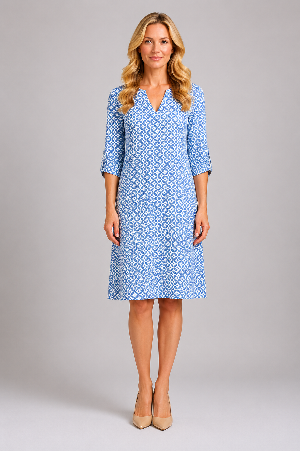 Brielle - Women’s Printed A-Line Dress with Split Neckline-Women Dress-Lyrasue-Blue-S-Lyrasue
