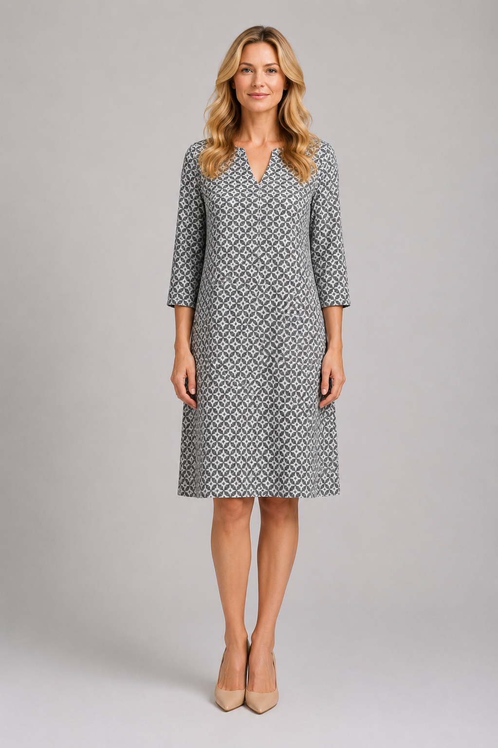 Brielle - Women’s Printed A-Line Dress with Split Neckline-Women Dress-Lyrasue-Grey-S-Lyrasue