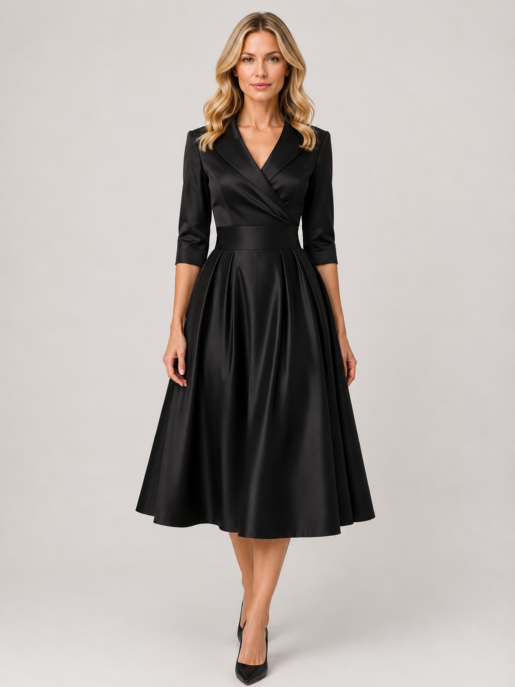 Brynn - Women’s V-Neck Midi Dress with Cross-Over Bodice-Midi Dress-Lyrasue-Black-S-Lyrasue