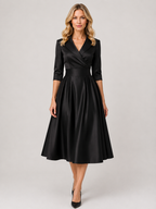 Brynn - Women’s V-Neck Midi Dress with Cross-Over Bodice-Midi Dress-Lyrasue-Black-S-Lyrasue