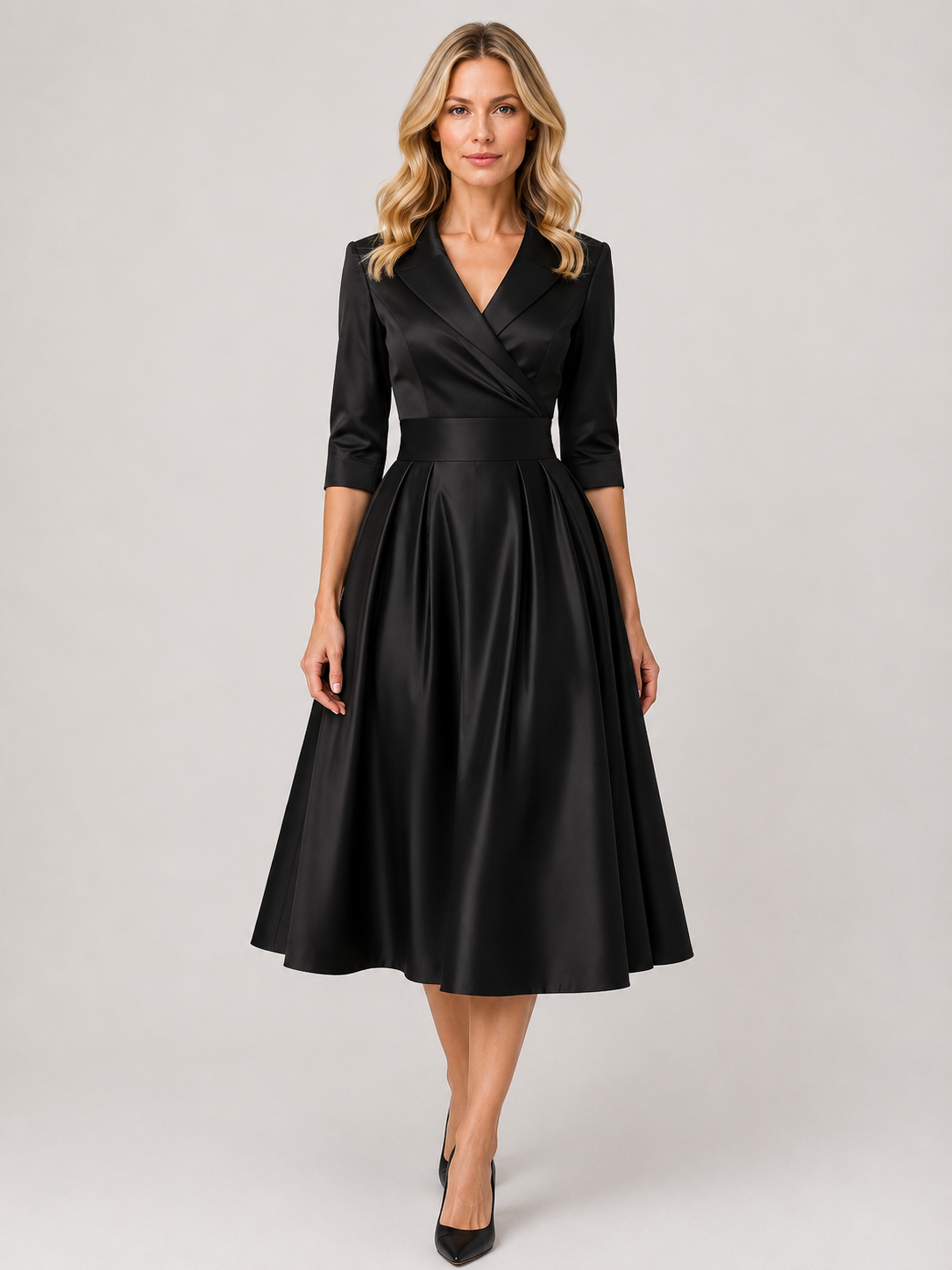 Brynn - Women’s V-Neck Midi Dress with Cross-Over Bodice-Midi Dress-Lyrasue-Black-S-Lyrasue