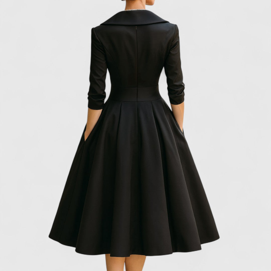 Brynn - Women’s V-Neck Midi Dress with Cross-Over Bodice-Midi Dress-Lyrasue-Navy blue-S-Lyrasue