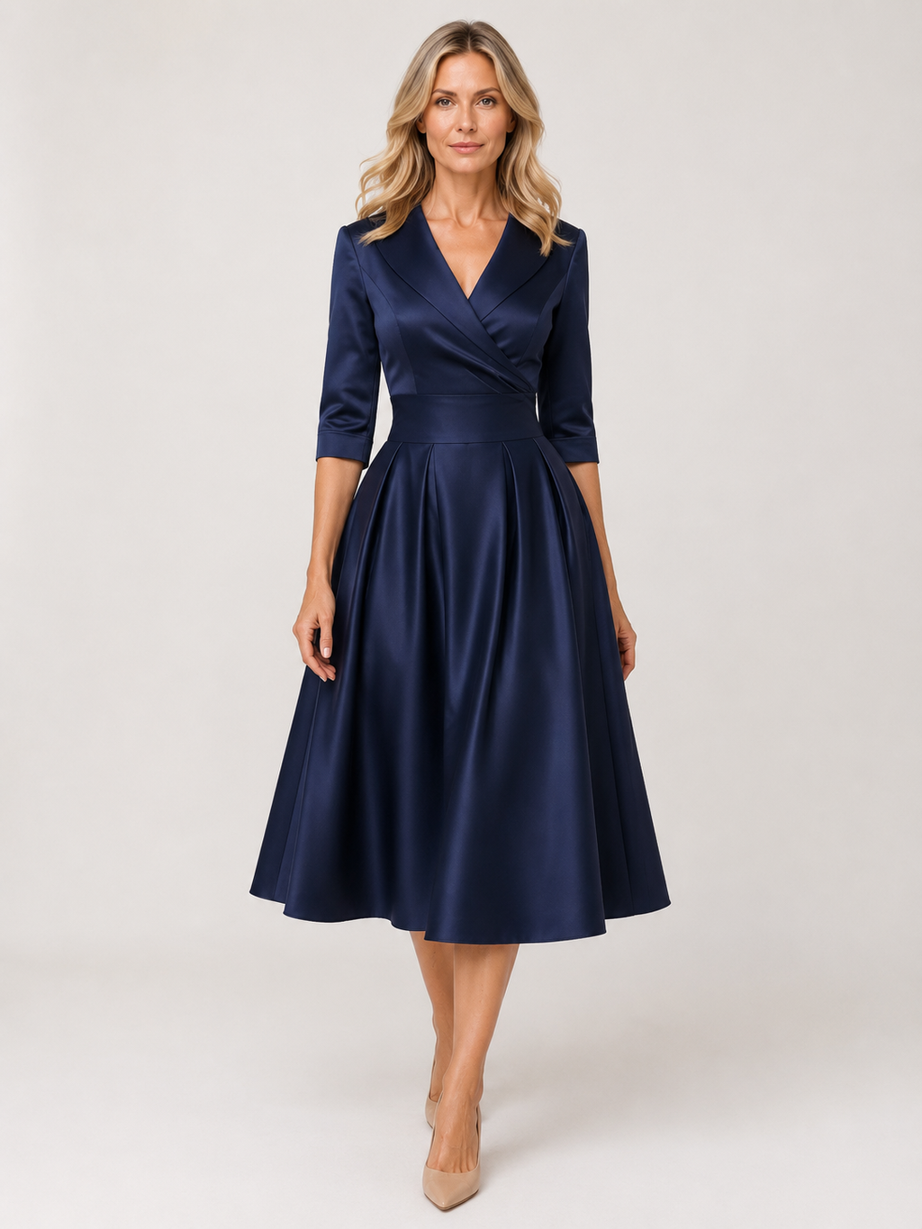 Brynn - Women’s V-Neck Midi Dress with Cross-Over Bodice-Midi Dress-Lyrasue-Navy blue-S-Lyrasue