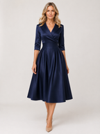 Brynn - Women’s V-Neck Midi Dress with Cross-Over Bodice-Midi Dress-Lyrasue-Navy blue-S-Lyrasue