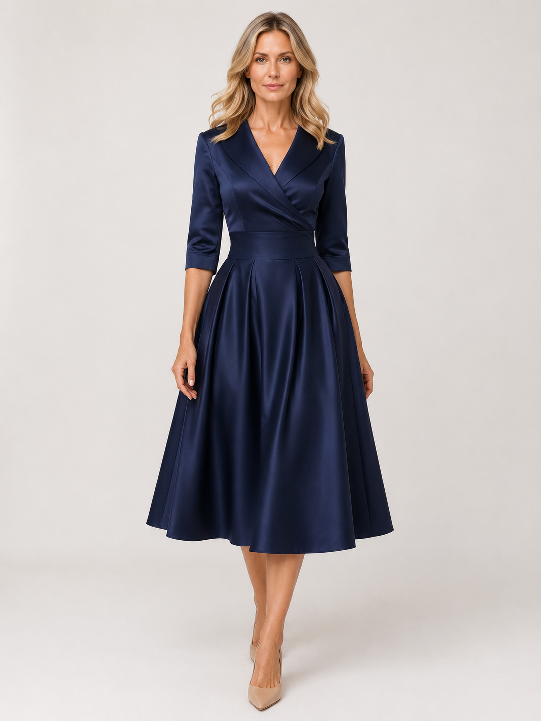 Brynn - Women’s V-Neck Midi Dress with Cross-Over Bodice-Midi Dress-Lyrasue-Navy blue-S-Lyrasue