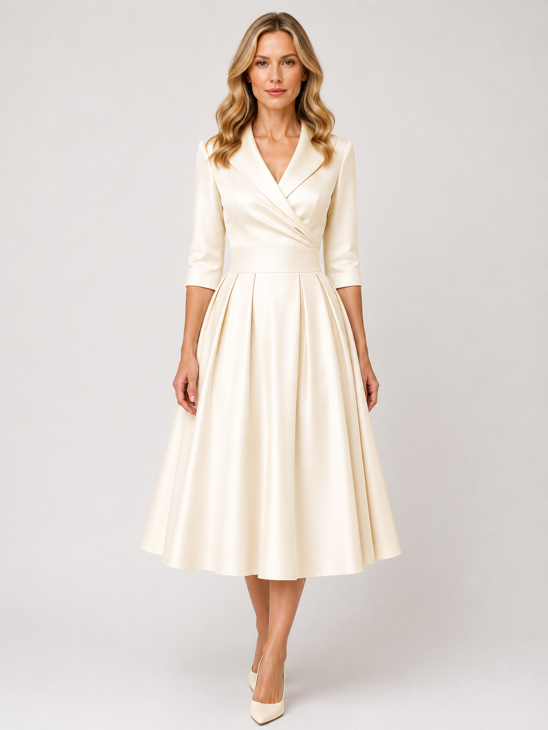 Brynn - Women’s V-Neck Midi Dress with Cross-Over Bodice-Midi Dress-Lyrasue-Beige-S-Lyrasue