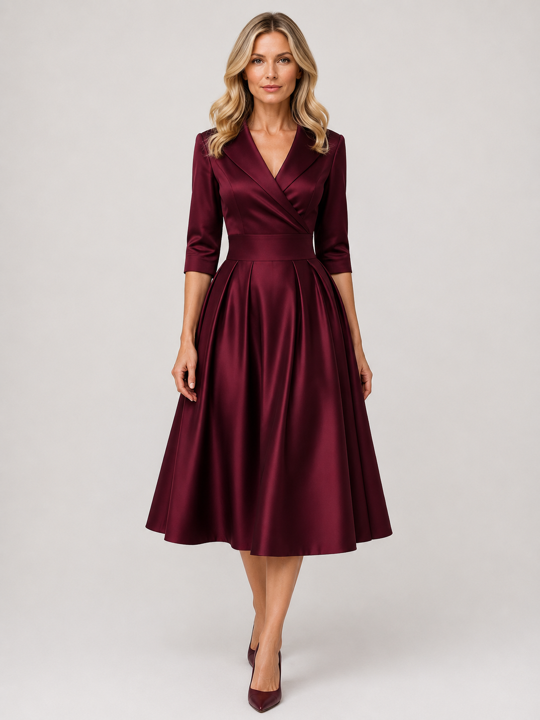 Brynn - Women’s V-Neck Midi Dress with Cross-Over Bodice-Midi Dress-Lyrasue-Deep red-S-Lyrasue