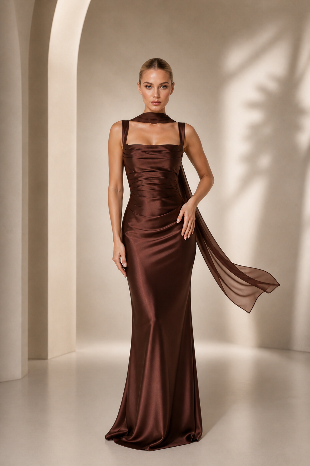 Bella - Women's Evening Satin Maxi Wedding Guest Dress-Lyrasue-Brown-XS-Lyrasue