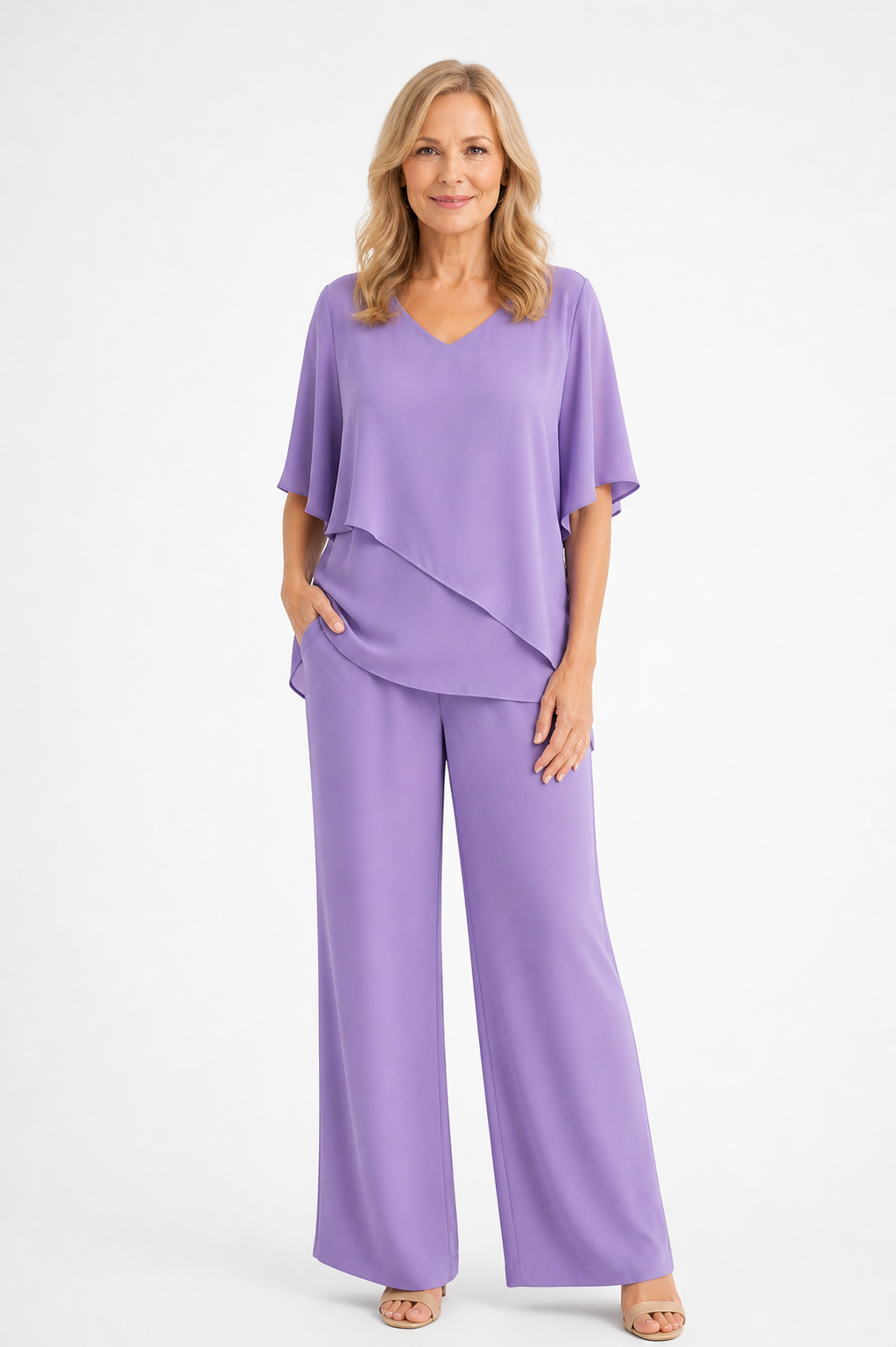 Nareily - Women’s Two Piece Set with V-Neck Batwing Top and Wide Leg Trousers-2 Piece Set-Lyrasue-Purple-XS-Lyrasue