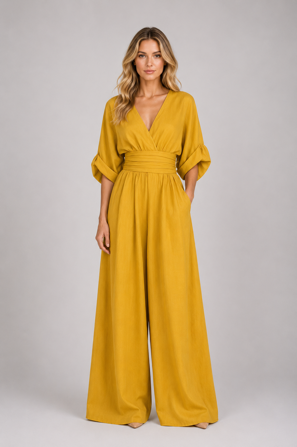 Desha - Women's Jumpsuit with V-Neck, Flowy Cut, and Wide Legs-Lyrasue-Yellow-S-Lyrasue