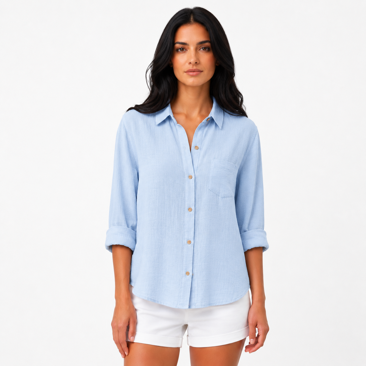 Daniela - Women’s Short Sleeve Summer Blouse with Button Placket-Women’s Blouse-Lyrasue-Light Blue-S-Lyrasue