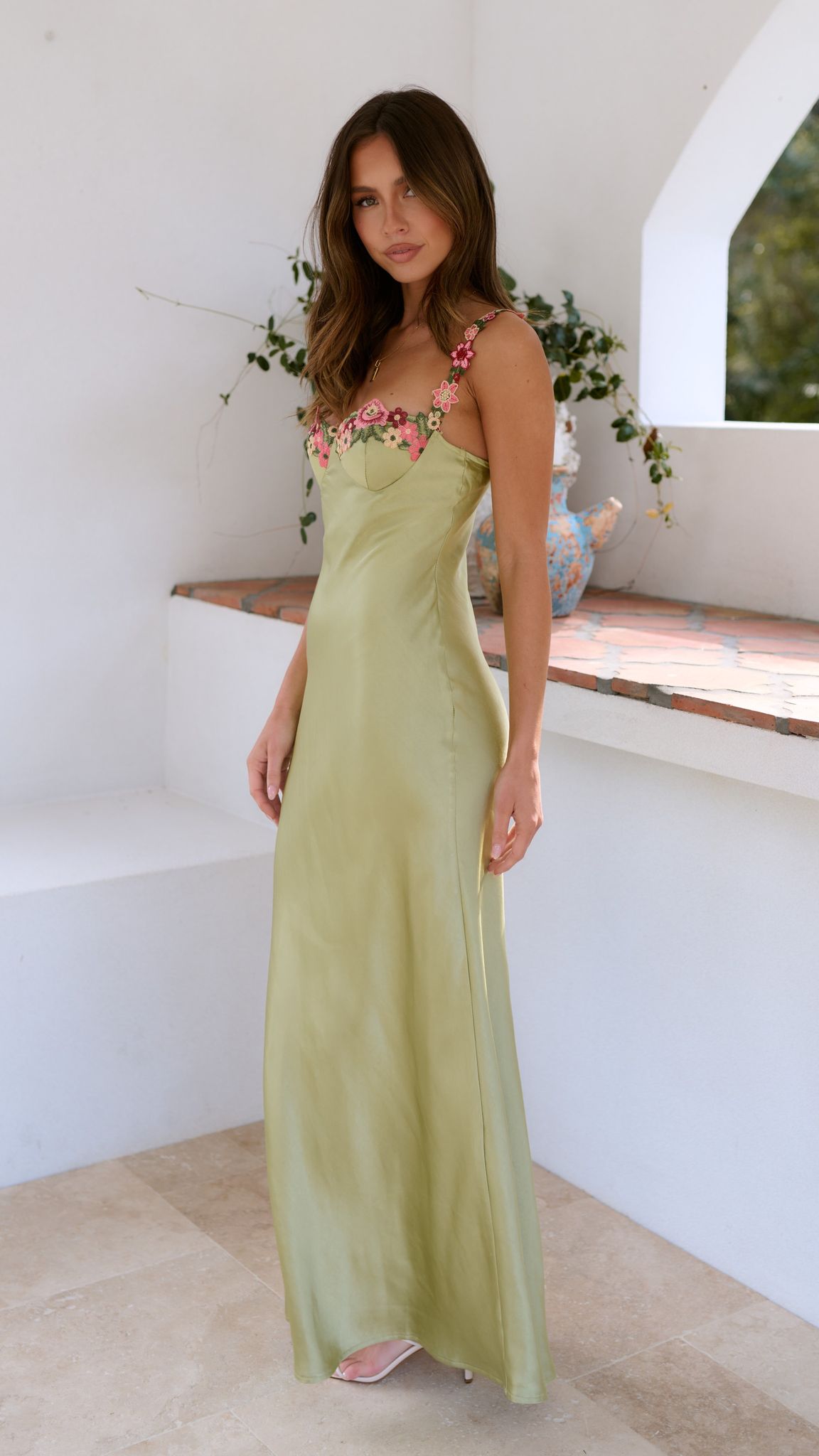 Calista - Women's Satin Flower Strap Maxi Dress-Women Dresses Maxi-Lyrasue-Lime-S-Lyrasue