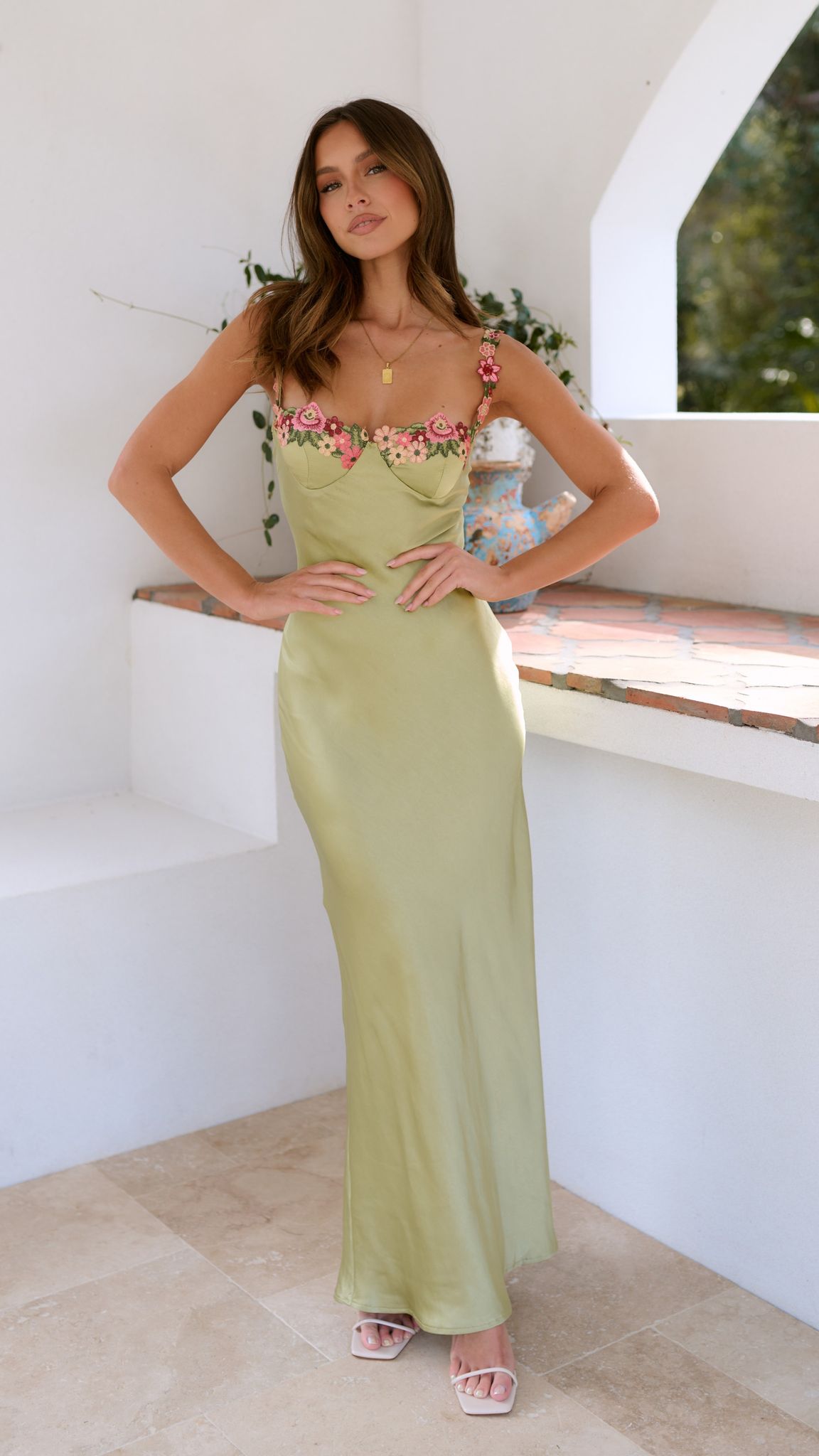 Calista - Women's Satin Flower Strap Maxi Dress-Women Dresses Maxi-Lyrasue-Lime-S-Lyrasue