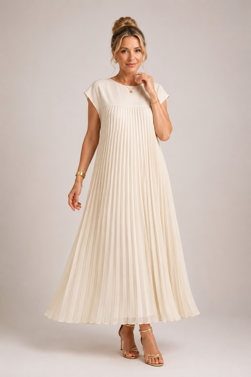 Calliope - Women's Sleeveless Pleated A-Line Midi Dress-Lyrasue-Beige-M-Lyrasue