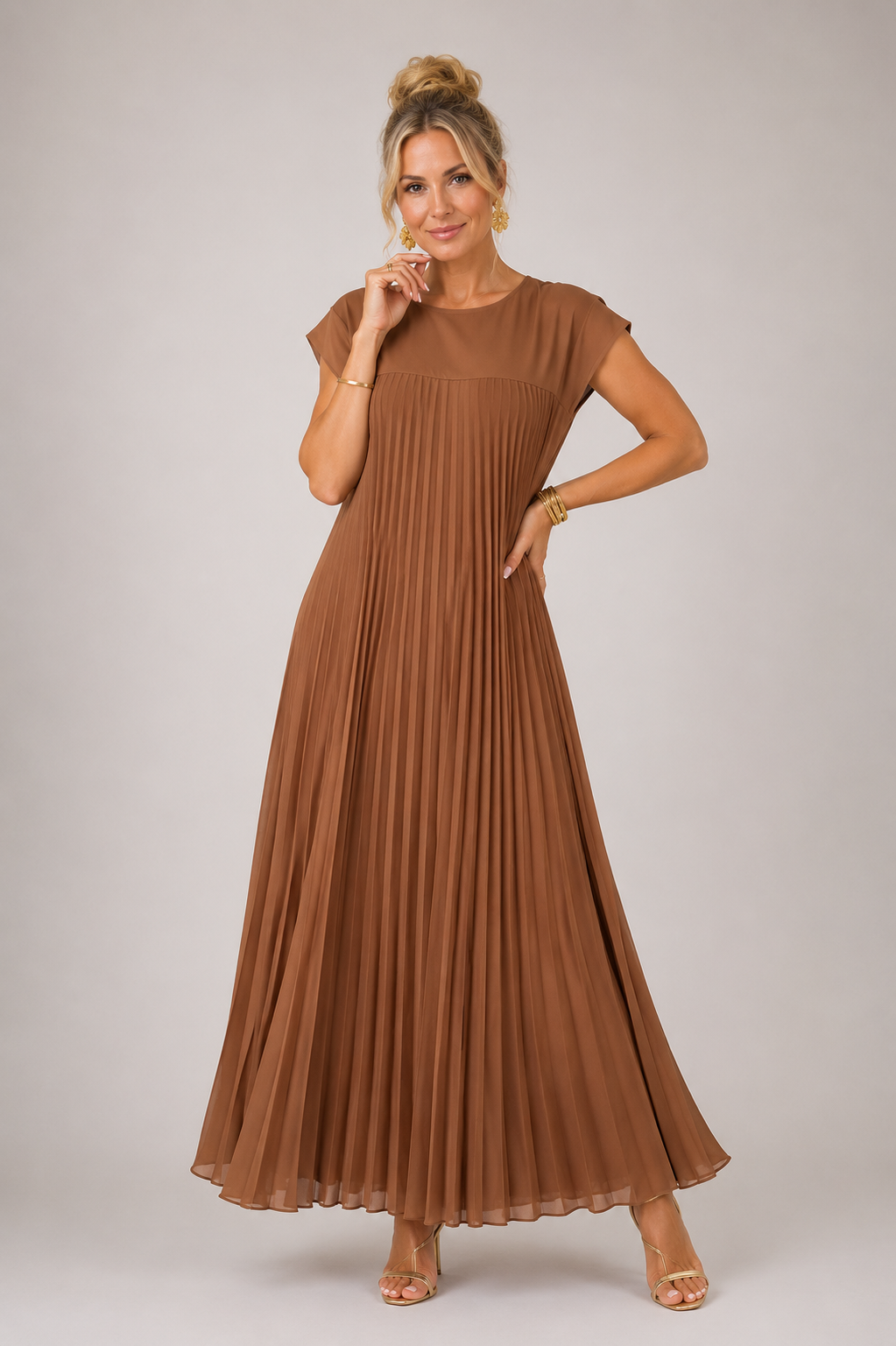 Calliope - Women's Sleeveless Pleated A-Line Midi Dress-Lyrasue-Brown-M-Lyrasue