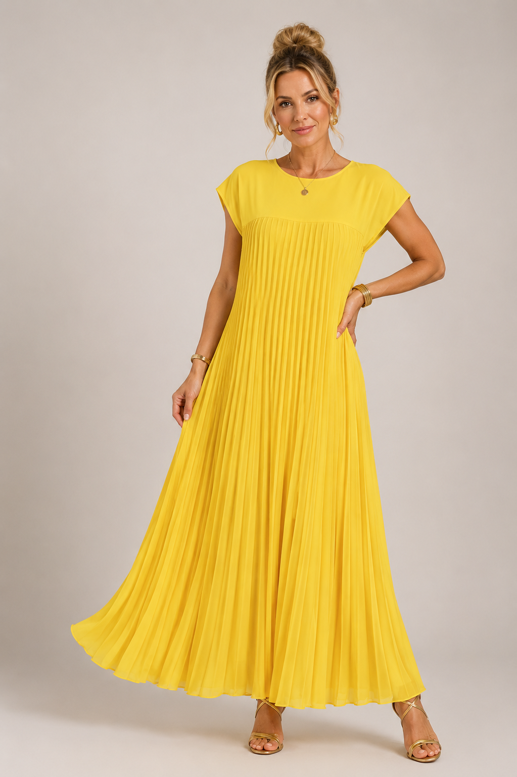Calliope - Women's Sleeveless Pleated A-Line Midi Dress-Lyrasue-Yellow-M-Lyrasue