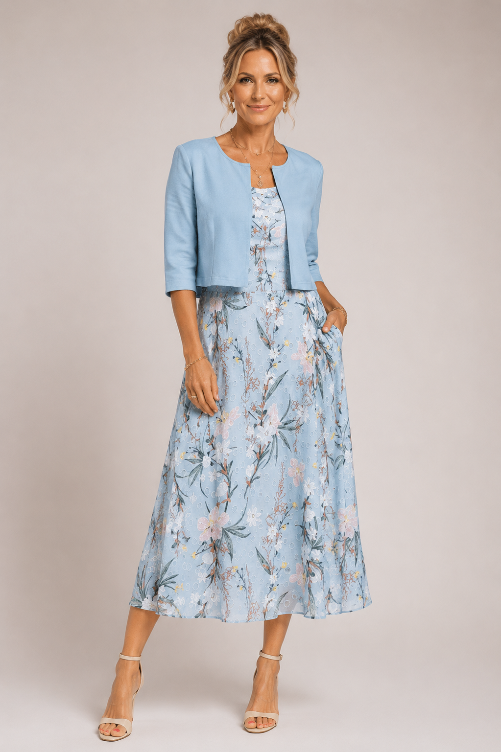 Capri - Women's Floral Midi Dress Two Piece Set-Lyrasue-Light blue-S-Lyrasue
