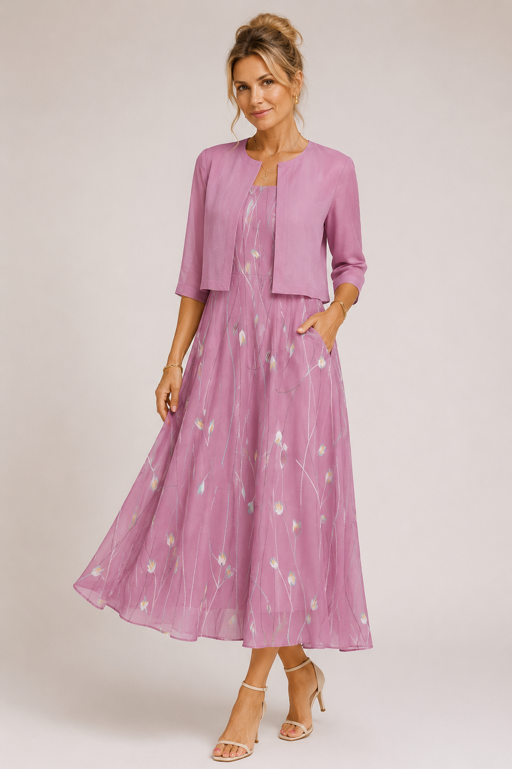 Capri - Women's Floral Midi Dress Two Piece Set-Lyrasue-Pink-S-Lyrasue