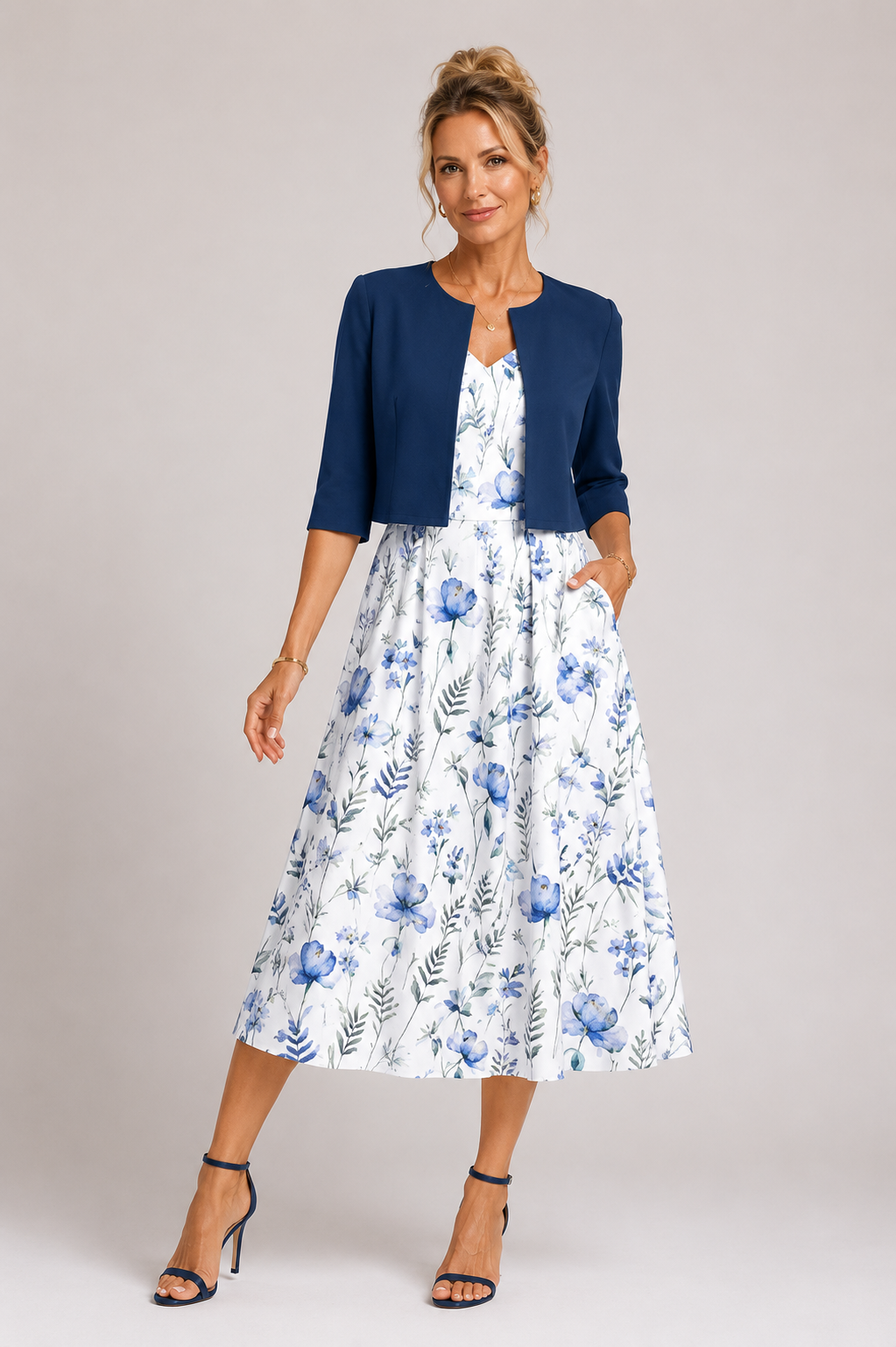 Capri - Women's Floral Midi Dress Two Piece Set-Lyrasue-Dark blue-S-Lyrasue