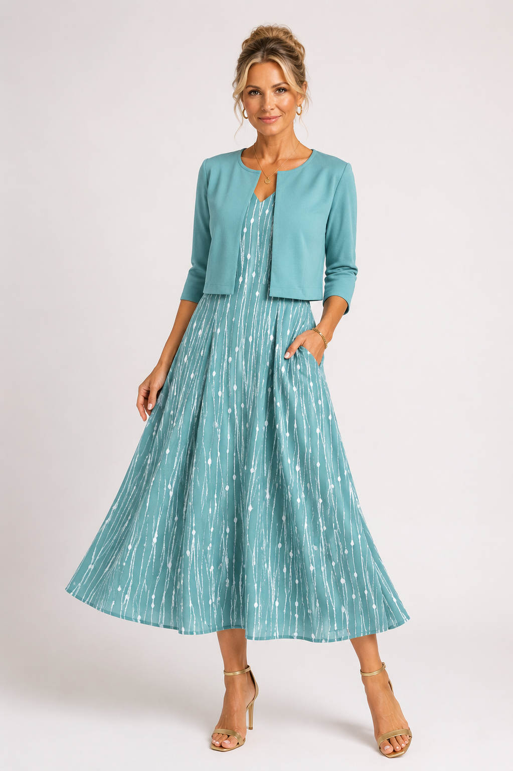 Capri - Women's Floral Midi Dress Two Piece Set-Lyrasue-Green blue-S-Lyrasue