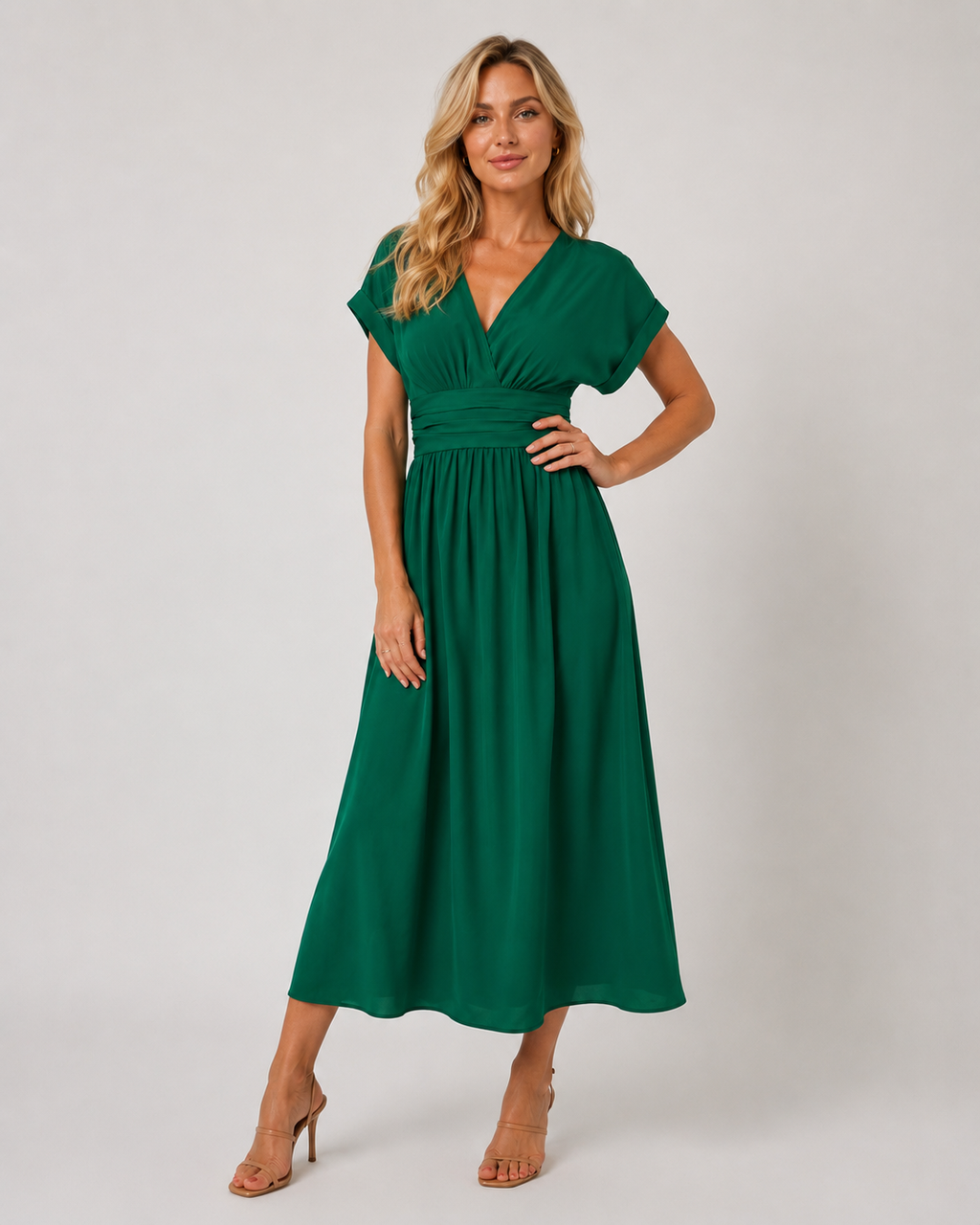 Capri - Women's V-Neck Wedding Guest Midi Dress-Midi Jurken-Lyrasue-Green-XS-Lyrasue