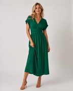 Capri - Women's V-Neck Wedding Guest Midi Dress-Midi Jurken-Lyrasue-Green-XS-Lyrasue