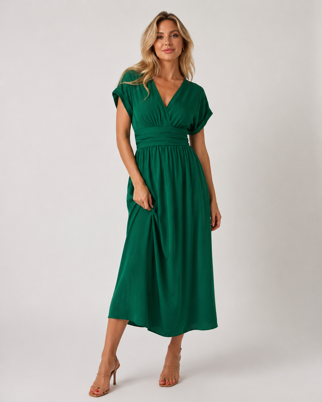 Capri - Women's V-Neck Wedding Guest Midi Dress-Midi Jurken-Lyrasue-Green-XS-Lyrasue