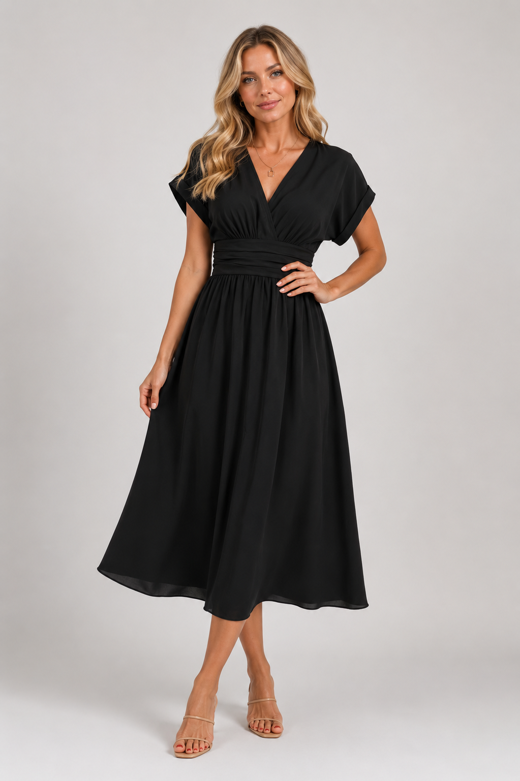Capri - Women's V-Neck Wedding Guest Midi Dress-Midi Jurken-Lyrasue-Black-XS-Lyrasue