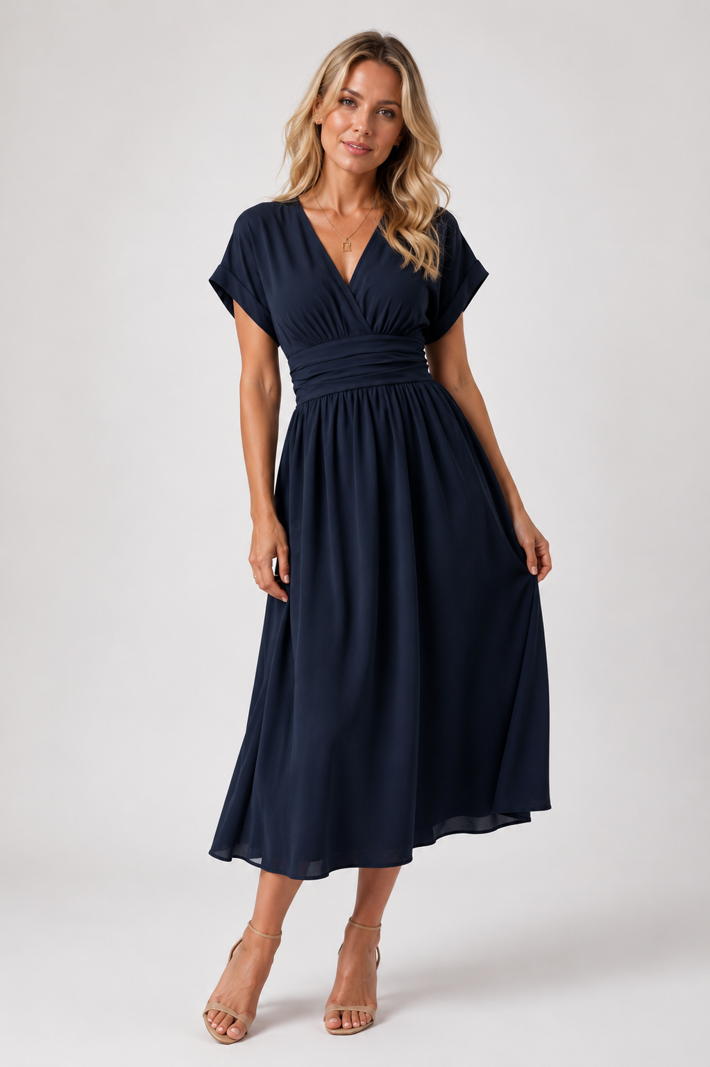 Capri - Women's V-Neck Wedding Guest Midi Dress-Midi Jurken-Lyrasue-Navy-XS-Lyrasue