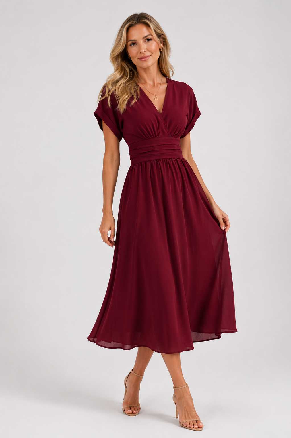 Capri - Women's V-Neck Wedding Guest Midi Dress-Midi Jurken-Lyrasue-Red-XS-Lyrasue