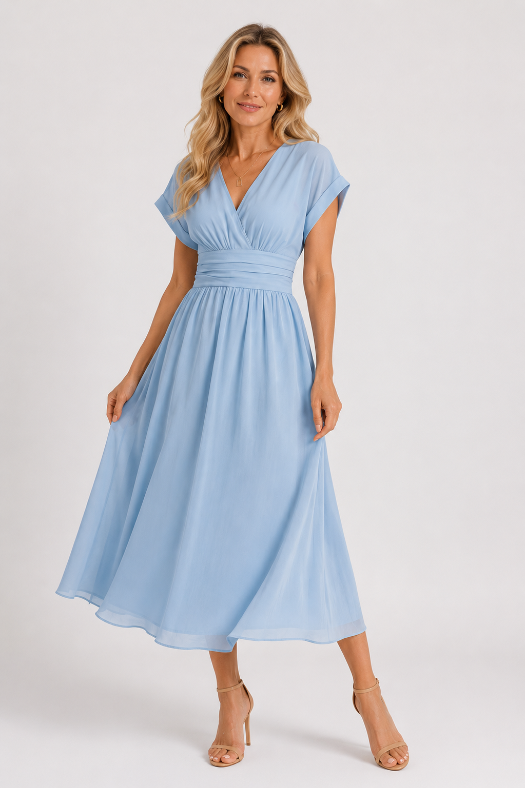 Capri - Women's V-Neck Wedding Guest Midi Dress-Midi Jurken-Lyrasue-Blue-XS-Lyrasue