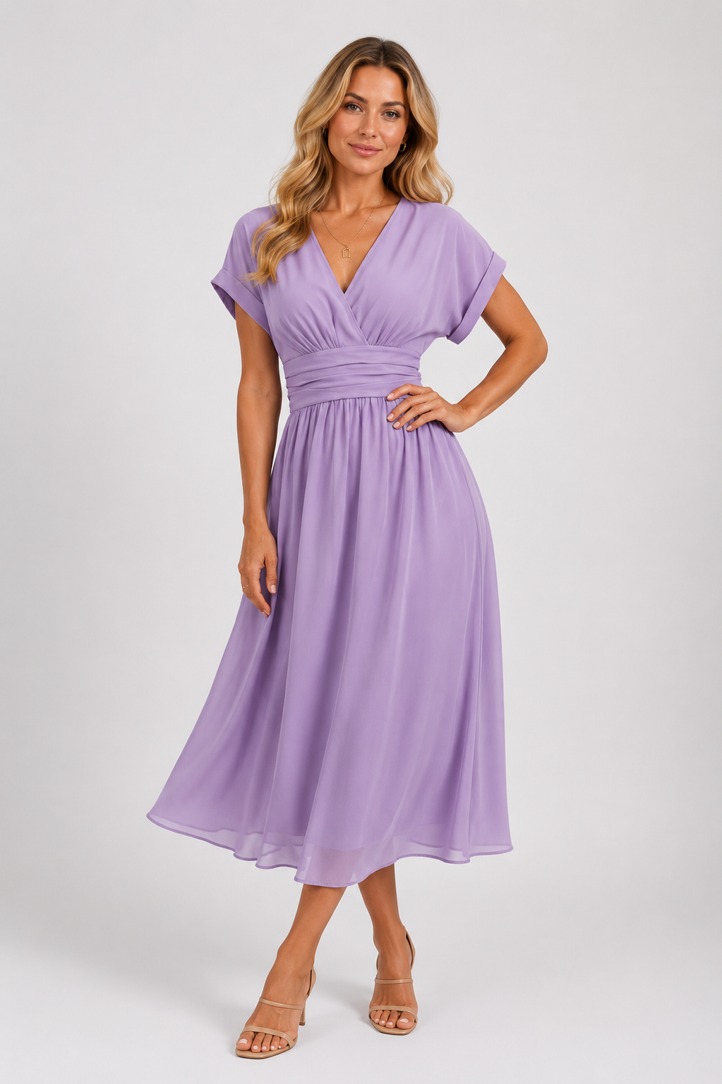 Capri - Women's V-Neck Wedding Guest Midi Dress-Midi Jurken-Lyrasue-Lilac-XS-Lyrasue
