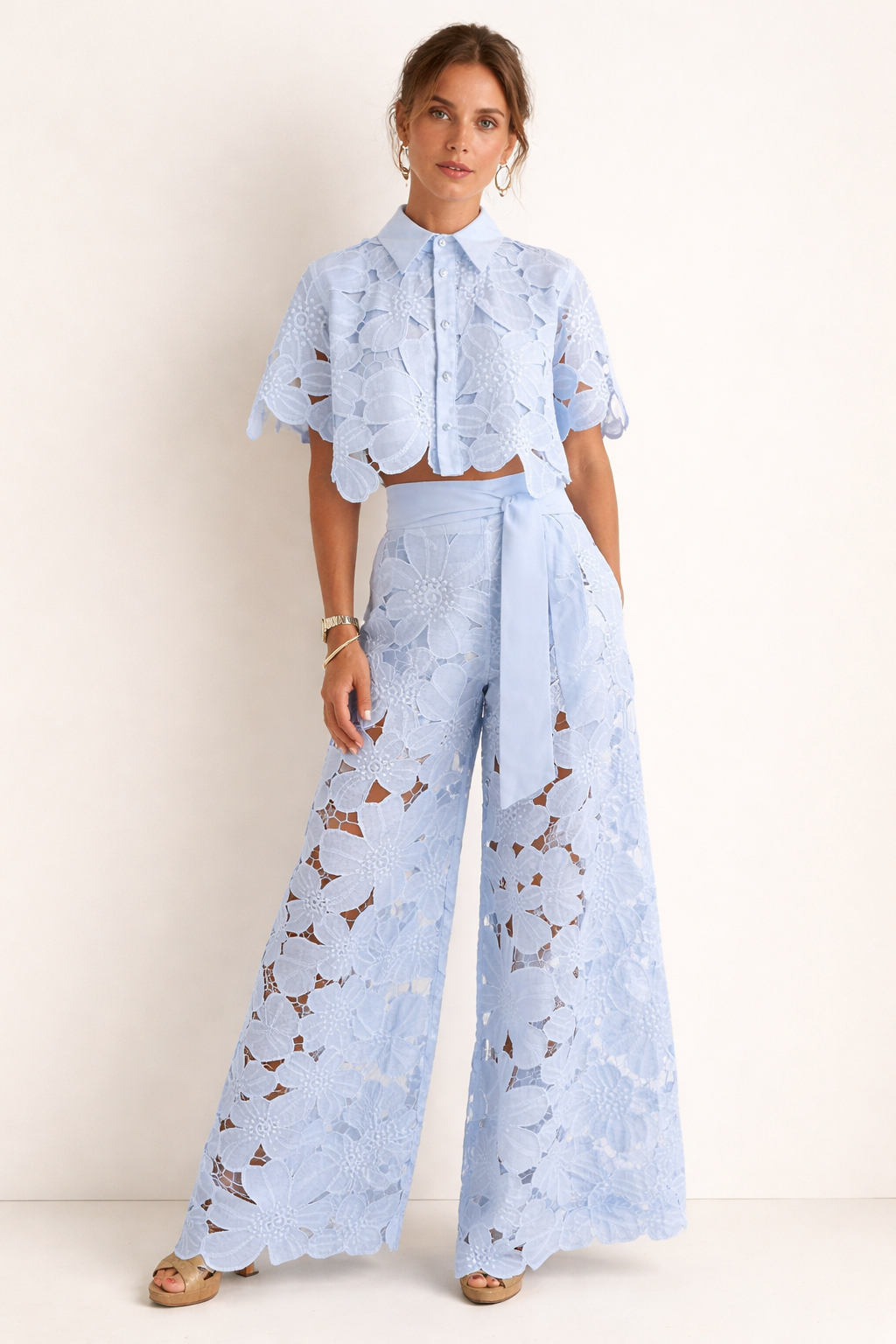 Christina - Women’s Floral Lace Button-Up Blouse with Shirt Collar-Set-Lyrasue-Blue-S-Lyrasue
