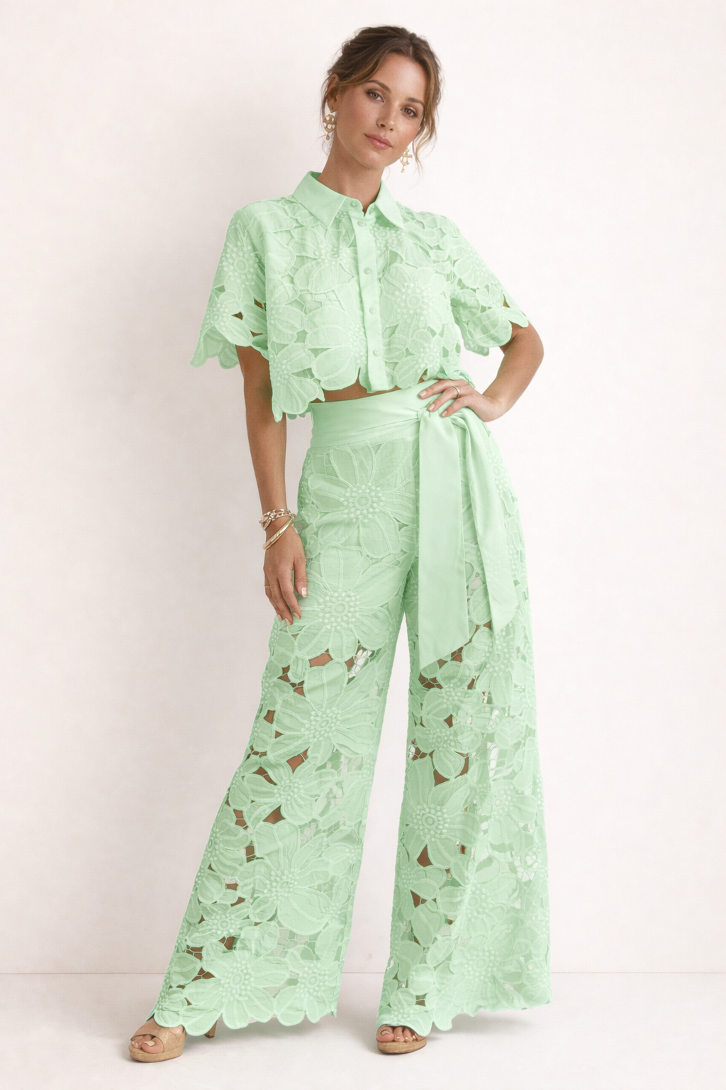 Christina - Women’s Floral Lace Button-Up Blouse with Shirt Collar-Set-Lyrasue-Green-S-Lyrasue