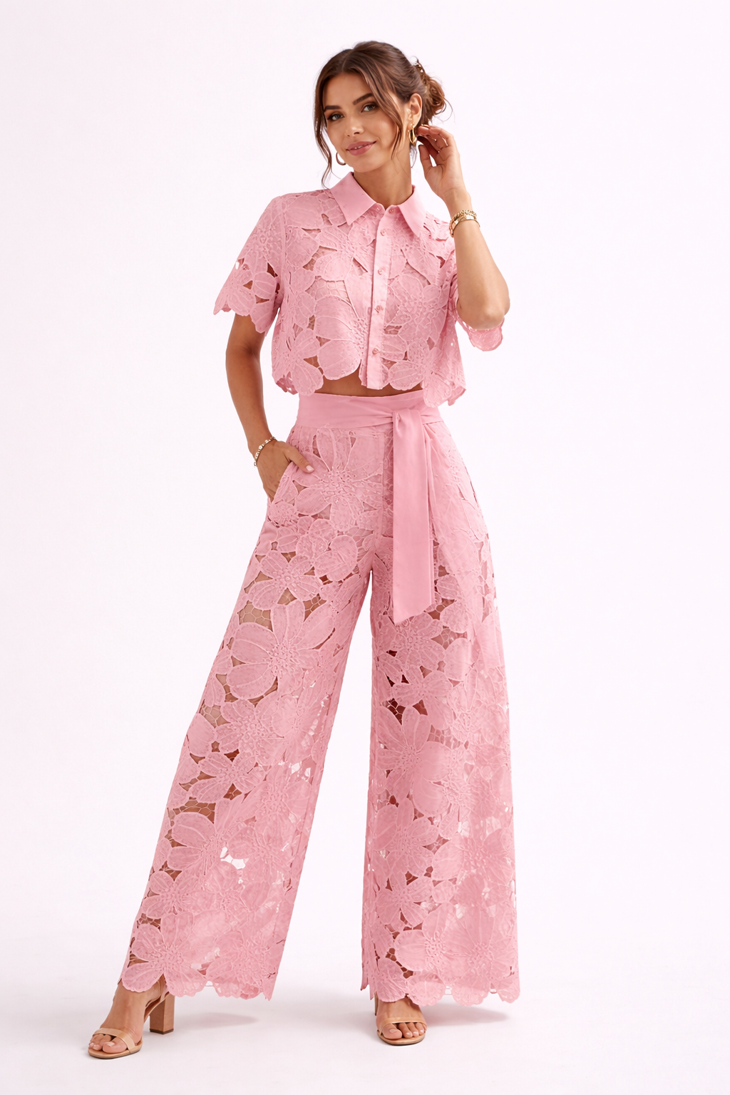 Christina - Women’s Floral Lace Button-Up Blouse with Shirt Collar-Set-Lyrasue-Rosa-S-Lyrasue
