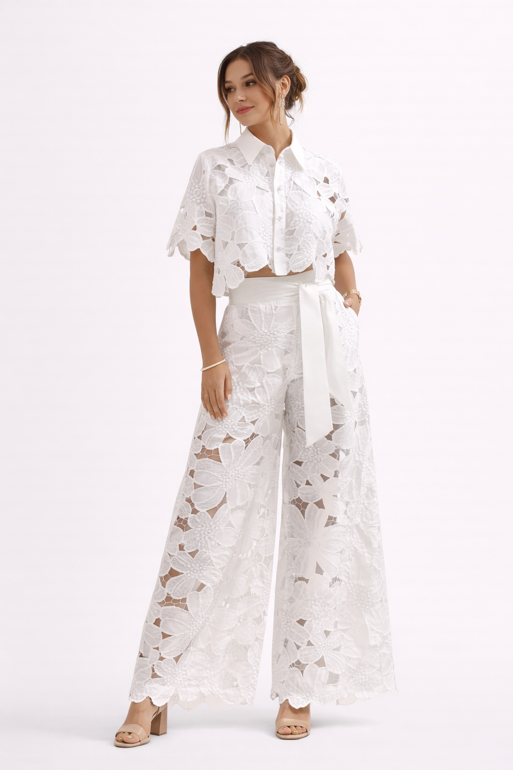 Christina - Women’s Floral Lace Button-Up Blouse with Shirt Collar-Set-Lyrasue-White-S-Lyrasue