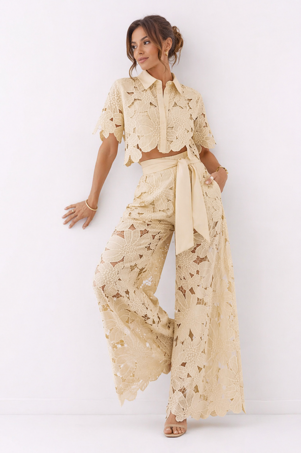 Christina - Women’s Floral Lace Button-Up Blouse with Shirt Collar-Set-Lyrasue-Yellow-S-Lyrasue