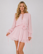 Crystal - Women’s Flowy Tie Neck Mini Dress with Floral Waist Detail-Mini Dress-Lyrasue-XS-Lyrasue