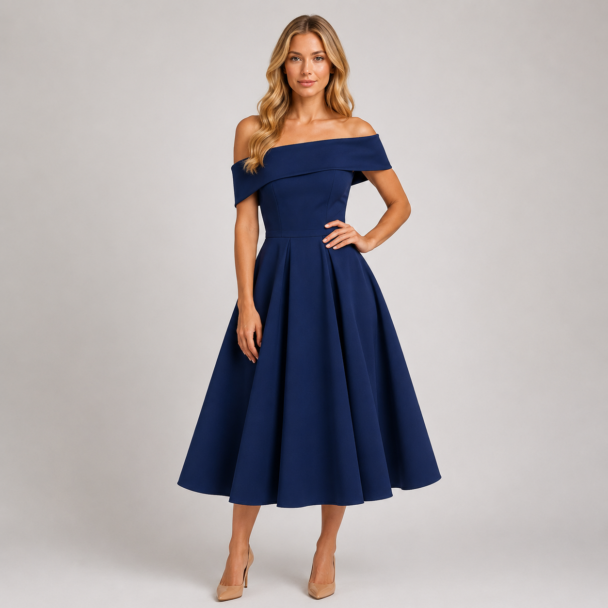 Willow - Women’s Off-Shoulder Wedding Guest Midi Dress-Dress-Lyrasue-Navy blue-S-Lyrasue